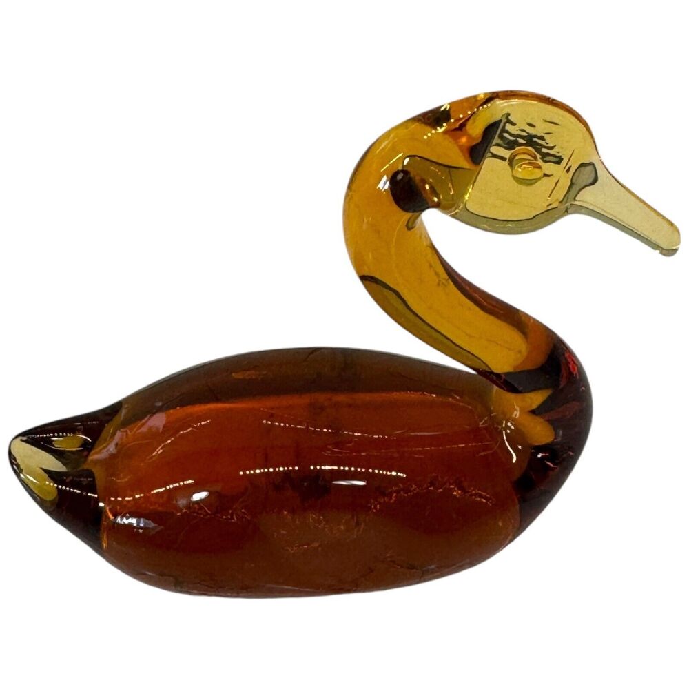 Vtg Amber Swan Duck Figurine MCM Art Glass Goose Paperweight Size 4" Gift